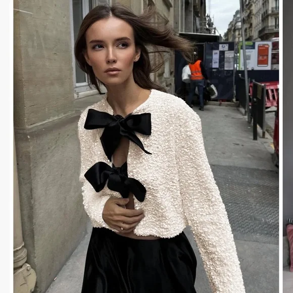 NWT Commense Cream Sequin Black Ribbon Bow Cardigan Jacket - Picture 3 of 14